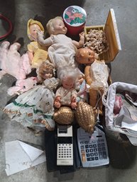 Antique Dolls, Calculators, Tin Can, Basket And Home Decor