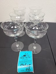Six Vintage Etched Crystal Stemware Champagne Glasses