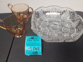 Cut Glass Bowl About 9in Diameter Possibly Over 100 Years Old Pizzo Pattern And Cream And Sugar Possibly Depre