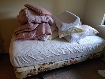 Twin Box Spring, Twin Mattress, Metal Bed Frame Mattress Cover, Pillows And Twin Comforter.