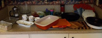 Variety Of Kitchen Items To Include Cast Iron, Malmaison Tray, French Press, Trifle Dish, Waffle Maker