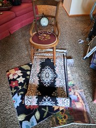 Antique Chair, Table Clock And Area Rugs