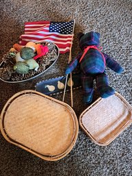 Seventeen Wicker Trays, Large Metal Bowl, Decorative Pincoons And Fruit, Teddy Bear And Small Flags