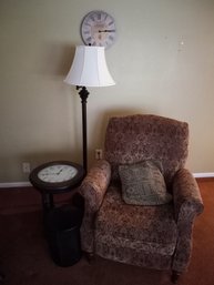 Clock End Table, Chair, Lamp, Clock, Pillow, And Waste Basket