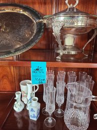 Crystal Champagne Glasses, Pitcher, Large Platter And Chafing Dish With Pyrex And Candle