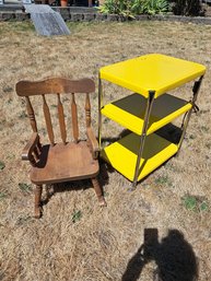 Three Tier Metal Table On Wheels And Small Wooden Rocking Chair