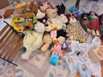 Toys- Plush Bears, Dolls, Tarot Junior New In Box And Other Games And A Miniature Bench.