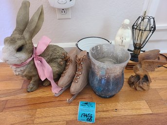 Bunny , Ice Skates, Small Metal Bucket, Vase, Lamp, Wood Carved Eagle And Parma Figurine Made In Japan