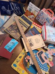 Vintage Books, Metal Lunch Box, Vintage Spelling Board, Wooden Ruler, Drafting Drawing Set Un Original Case.