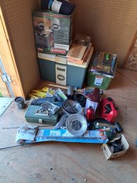 Camping Gear Including Electric Cooler, Portable Sink, Stakes, Propane Lantern Heads, Fish Carving Set