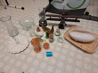 Rm.5. Possible Carnival Glass, Serving Plater, Vases, Oil Lamp, Model Airplane, Assorted Figurines.