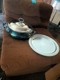 Rm.6. Kent Silversmith Silver Serving Bowl With Glass Insert, Kensington Silver Serving Dish.