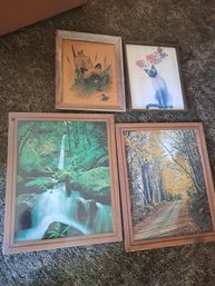 Rm.6. Framed Photographs Of Outdoor Scenery, Framed Drawings Of Cats