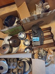 *Rm7 Kitchen Items Like Pots And Pans Some Of Aluminum, Silverware Mostly Of Nickel Silver, Spice Racks, Mugs,
