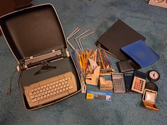 Rm.4. Vintage Smith Corona Coronet Electric Type Writer, Bookends,Calculators, Handheld Microscope, Binder ,