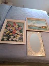 Rm. 7. Two Framed Canvas Paintings, Cork Board And Decorative Mirror.