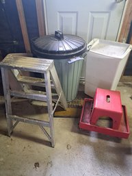 Rm. 0. Three Garbage Cans,  Stool On Wheels, Step Ladder And Outdoor Collapsible Cloths Drying Rack