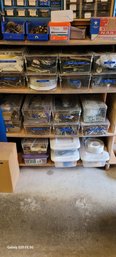 Rm0 Shelves With Containers Of Assorted Hardware, Brackets, Hinges, Bolts, Hooks, Screws
