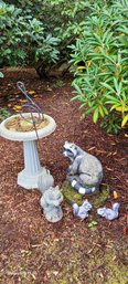 *rm00 Assorted Lawn Decorations Including Cement Racoon, Cement Squirrel, Plastic Bird Bath And Plastic Sq