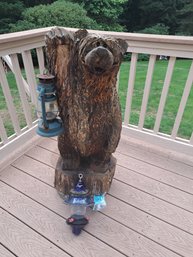 Rm.00. Wood Bear Sculpture, Humming Bird Feeder And Vintage Lantern