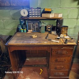 Rm6 Distressed Wooden Desk And Assorted Items
