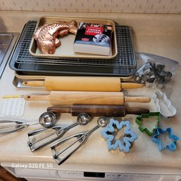 Rm4 Assorted Baking Items Including Nordicware Baking Pans, Wire Racks, Rolling Pins, Cookie Cutters,