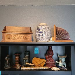 R4 Decorative Asian Inspired Figurines, Incense Holder, Urn, Carved Wooden Box, Ikea Box