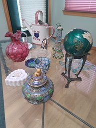 R3. Decorative Vases, Asian Inspired Cloisonne, Decorative Sphere On Stand, Trinket Box, Candle Holders.