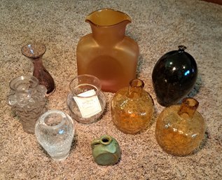 R2 Amber Crackle Glass Bottles, Vintage Fonton Double Spout Water Pitcher, Assortment Of Small Vases