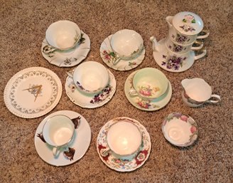 R2 Vintage Stacking Teapot, Bone China Teacups And Plates, Cherry China Teacups And Plates.