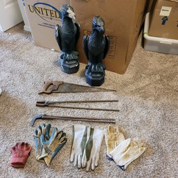 R2 Various Outdoor Items Including Eagle Statues, Hand Saw, Gloves, Metal Tools