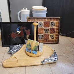 R7 Serving Trays, Buffalo Cutting Board, Wooden Paper Towel Holder, Rubbermaid Pitcher And 2 Containersr