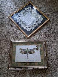 R8 Framed Antique Tatted Table Topper From Kentucky (reports Owner) And Framed Print Of A Dragonfly