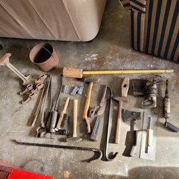 R0 Assorted Tools Including Antique Shoe Making/cobbler's Tools, Iron Bucket, Forging Tools, Old Po Mallets,