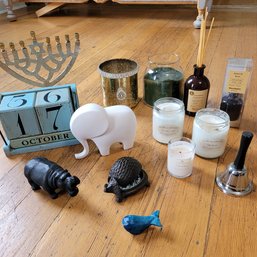 R14 Assorted Decorative Animal Figurines, Candles, Reed Diffusers, Menorah, Candle Holder, Wooden Calendar