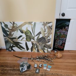 R12 'Olive'canvas Wall Art From Ikea, Aroma Diffuser, Scroll Wall Art, Gallon Ziplock Of Small Picture Frames,