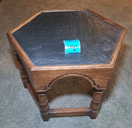 R3 Hexagon Shaped Side Table With Wood Frame And Stone Top.