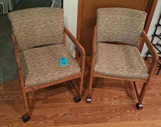 R3 Two Cushioned Wood Framed Chairs On Wheels