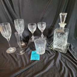 R2 Glass Bar Set Including Decanter, Trivet, Wine Glasses, Cordial Glasses, Tumbler, And Bud Vase