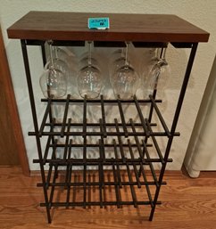 R3 Black Metal Wine Rack With Wine Glass Holders And Wood Top