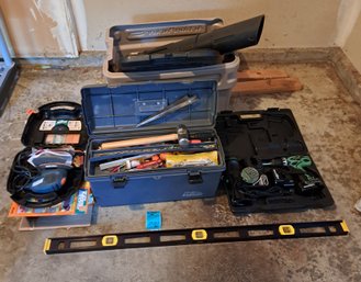 R00 Back And Decker Sander, Hitachi Drill And Flashlight, Level, Tool Box With Tools, Action Packer Rubbermaid