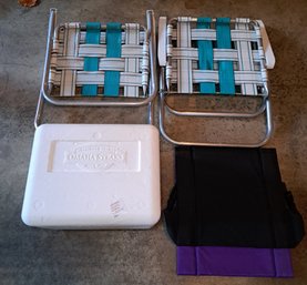 R00 Folding Camp Chairs And Styrofoam Cooler