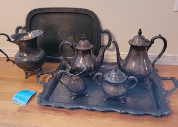 R2 Unpolished Silver Plated Tea Set, Extra Engraved Platter And Water Pitcher