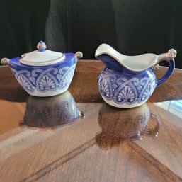 Vintage Bombay Blue And White With Silver Platinum Trim Creamer And Sugar Bowl
