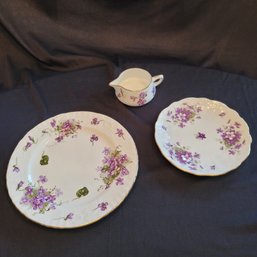 R2 Hammersley Victorian Violets Creamer, Dessert Plate, And Salad Plate Vintage Bone China