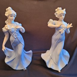 R2 Set Of 2 Vintage 1989 ETHAN ALLEN 8' Tall LADY BLUE DRESS Glossy Porcelain Figurine