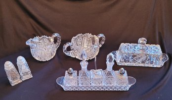 R2 Unmarked Crystal Creamer And Sugar Bowl, Glass Butter Dish, Condiment Tray, And Salt & Pepper Shaker