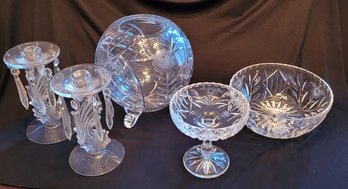 R2 Collection Of Decorative Glass Pieces Including Bowl, Candle Sticks And Other Items