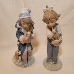 R2 Lladro Fridays Child, Boy With Puppies And NAO BY LLADRO HUSH ! GIRL WITH RAG DOLL RETIRED PORCELAIN FIGURI