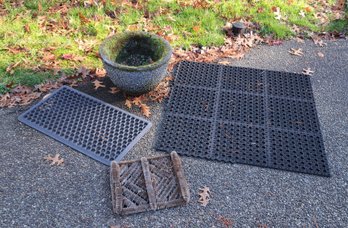 R0 Large Cement Pot, Two Outdoor Rubber Mats And Wire Shoe Cleaner